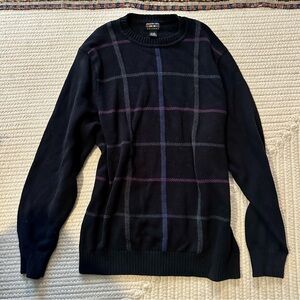 Alexander Julian Black Crewneck Sweater with Purple and Blue Windowpane